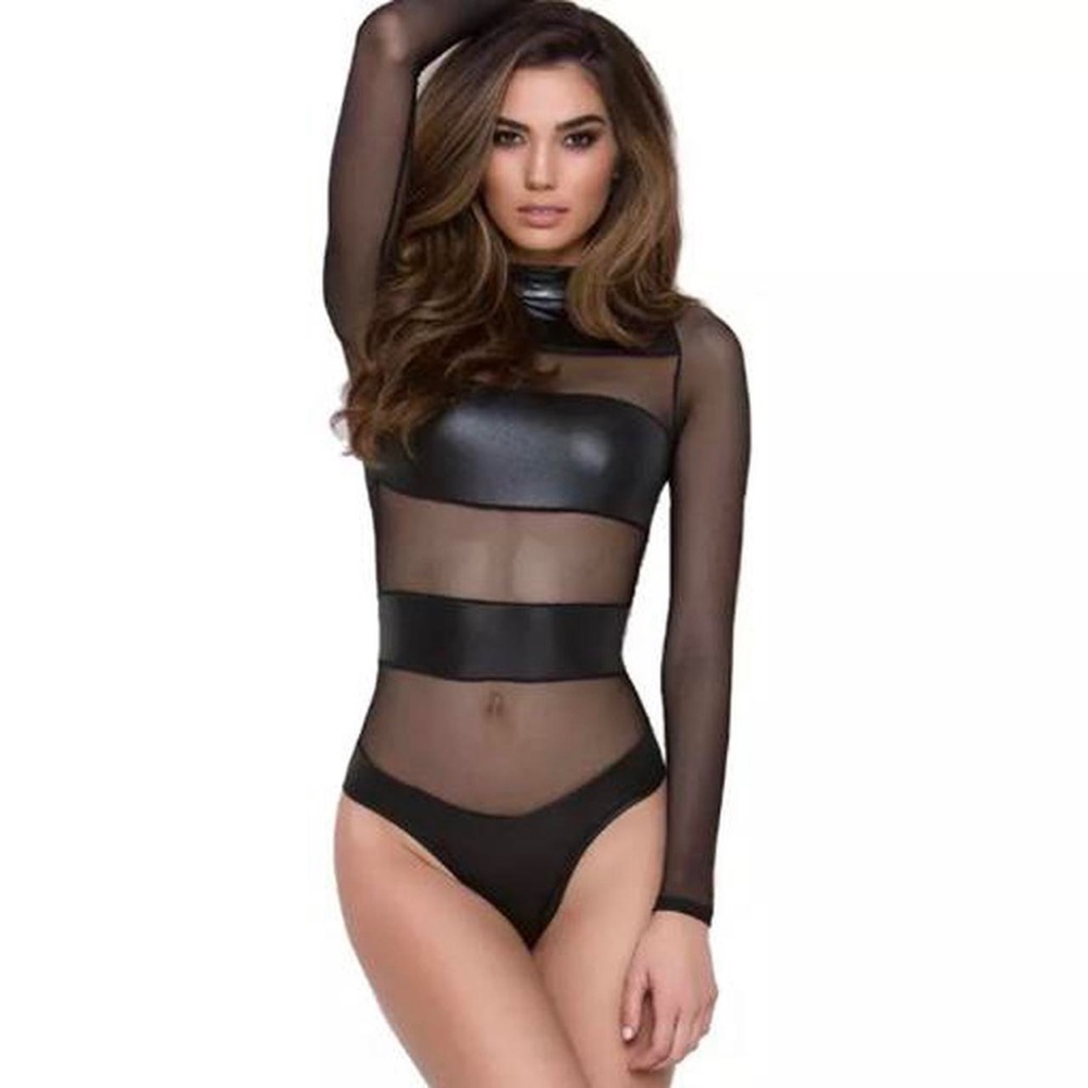One piece black mesh long sleeve bodysuit